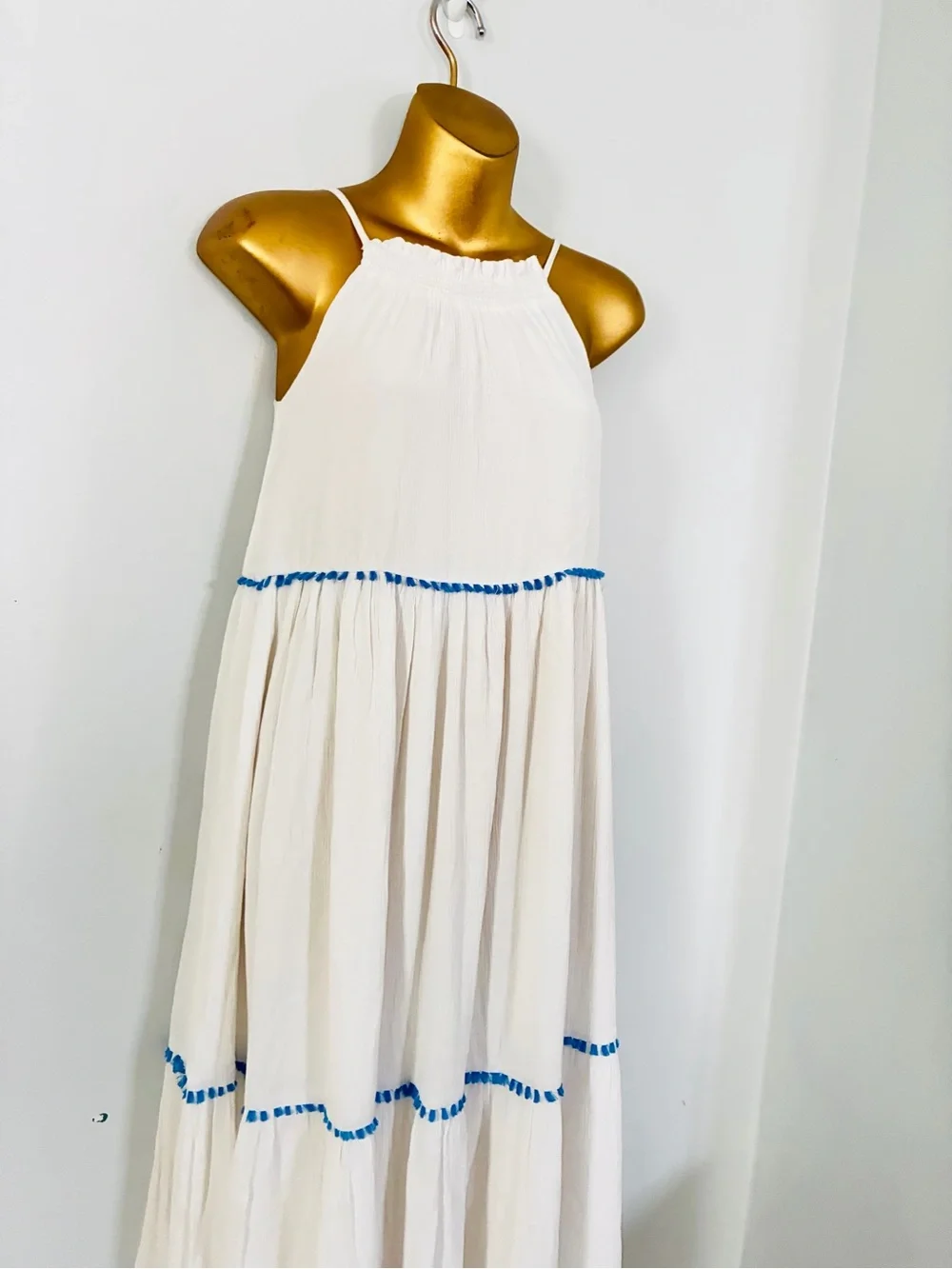 Rachel Roy White & Blue Tiered Maxi Dress Size 12 Boho Resort Vacation - Picture 3 of 6